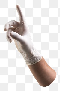 Png medical gloved hand pressing gesture, transparent background