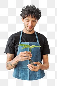 PNG Man wearing an apron holding an uprooted plant, collage element, transparent background