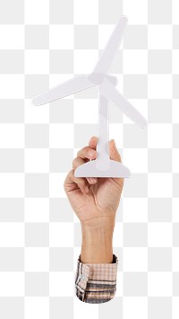 Png hand holding wind turbine, transparent background