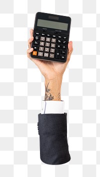 Png hand holding calculator, transparent background