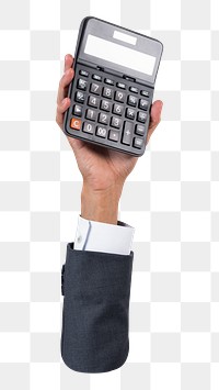 Png hand holding calculator, transparent background