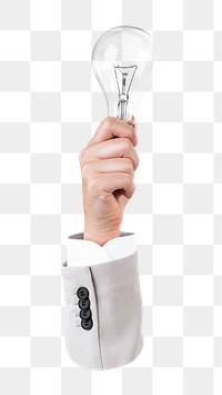 Png hand holding light bulb, transparent background