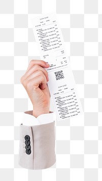 Hand holding receipt mockup psd for shopping campaign, transparent background