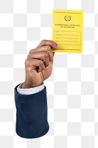 Png businessman hand holding vaccine certificate, transparent background