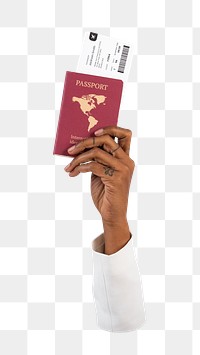 Png hand holding passport, transparent background