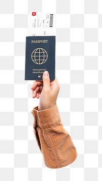 Png hand holding passport, transparent background