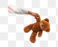 Png hand holding teddy bear, transparent background