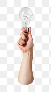 Png hand holding light bulb, transparent background