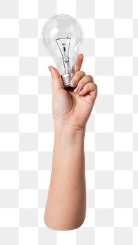 Png hand holding light bulb, transparent background