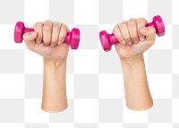 PNG hand holding dumbbells, collage element, transparent background