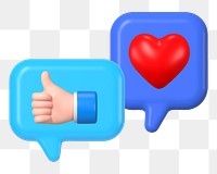 Social media reactions png, 3D thumbs up, heart illustration on transparent background