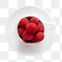 PNG Cup of raspberries sitting a saucer, collage element, transparent background