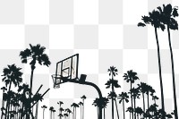 PNG silhouettes of a basketball court and numerous palm trees collage element, transparent background