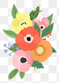 Png colorful flowers hand drawn sticker, transparent background