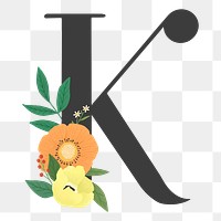 Png Elegant floral letter K element, transparent background