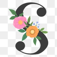 Png Elegant floral letter S element, transparent background