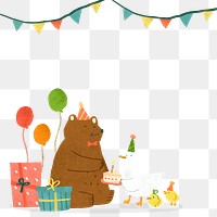 Cute animal birthday png border, transparent background