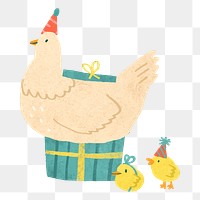 Png cute festive chickens doodle sticker, transparent background