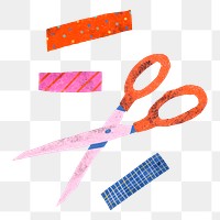 Scissor by colorful tapes png, transparent background