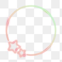 Png neon star round frame, transparent background