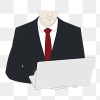 Png drawing businessman using laptop element, transparent background