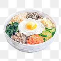 Png bibimbap bowl watercolor illustration, transparent background