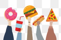 Hands holding fast food png, transparent background