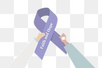 Hands holding purple ribbon png, transparent background