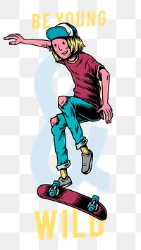 Png young boy playing skateboard element, transparent background