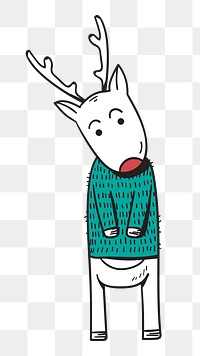 Png reindeer wearing sweater cartoon hand drawn sticker, transparent background