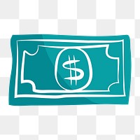 Png teal banknote hand drawn sticker, transparent background