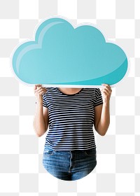 Png woman holding cloud board, transparent background