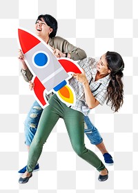 PNG Women holding rocket icon, collage element, transparent background