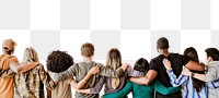 PNG Rearview of diverse people hugging each other collage element, transparent background