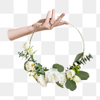 Hand holding png floral frame, transparent background