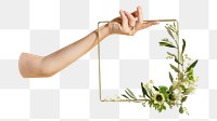 Hand holding png floral frame, transparent background