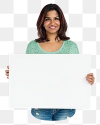 Woman holding placard png element, transparent background