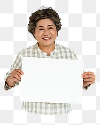 Woman holding placard png element, transparent background