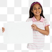 Kid holding blank paper png element, transparent background