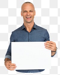 Man holding blank placard png element, transparent background