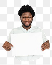 Man holding blank placard png element, transparent background