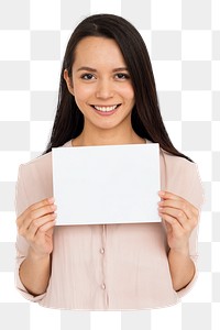 Woman holding placard png element, transparent background