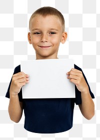 Kid holding blank paper png element, transparent background