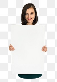 Woman holding placard png element, transparent background