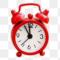 Png red alarm clock, isolated object, transparent background