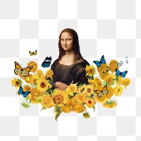 Mona Lisa png sticker, Van Gogh's sunflower, transparent background. Remixed by rawpixel.