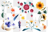 Png colorful geometric flowers illustration set, transparent background