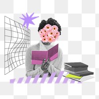 Woman reading book png, creative education remix, transparent background