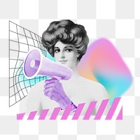 Woman holding megaphone png, creative announcement remix, transparent background