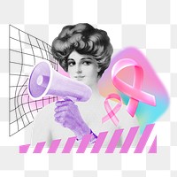 Breast cancer png awareness remix, woman holding megaphone, transparent background